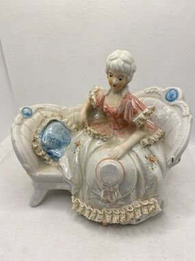 Porcelain Victorian Lady Figurine on Couch - Pink & White